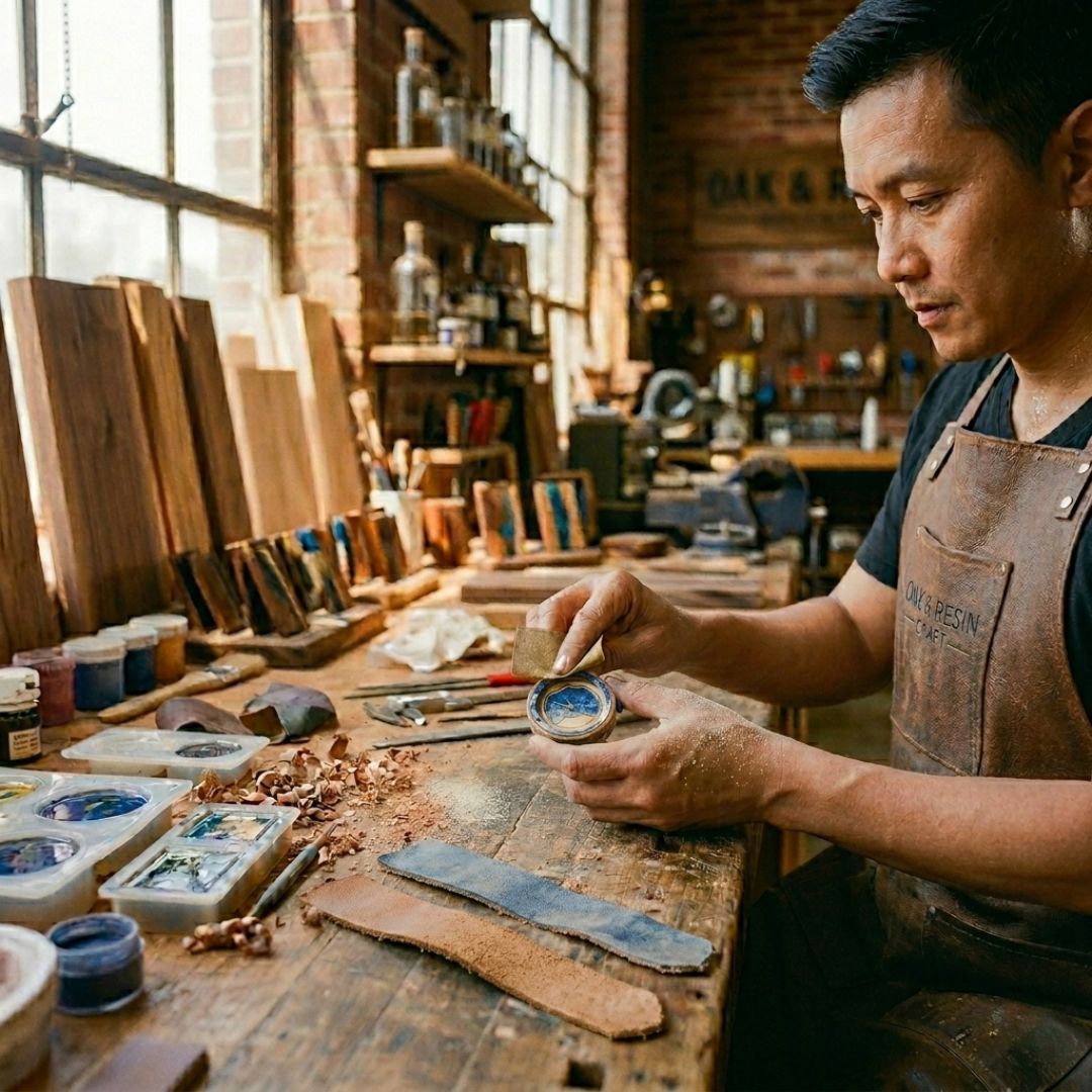 Gentanala artisan at work — handcrafted wood and resin studio